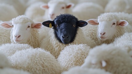 Naklejka premium Unique Black Sheep Stands Out Among Cute Fluffy White Sheep Close Up