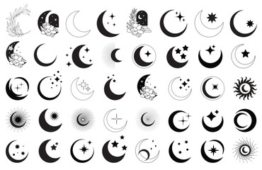 Moon, stars, moon phases, crystals, magic symbols. Vector set in oriental style. Line hand drawn illustration. Moon icons, moon design. Muslim arabian symbol. Shapes for design. Vector lunar set, sun