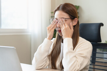 Eye problem concept, fatigue asian young woman tired eyes, irritated rubbing eye dry relief vision...