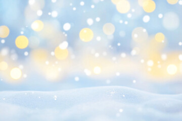 Fototapeta premium Festive Snowy Landscape with Bokeh Lights Creating a Serene Winter Scene. Generative Ai