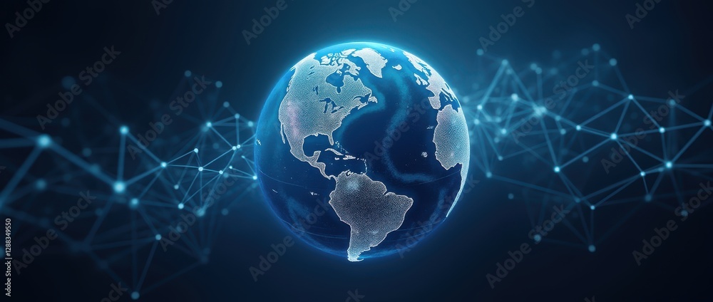 Poster glowing connections enveloping a futuristic earth in a networked global landscape, symbolizing advan