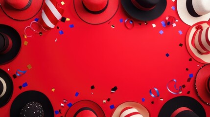 Obraz premium Flat lay of carnival hats, confetti, and streamers arranged neatly with space for copy or design.