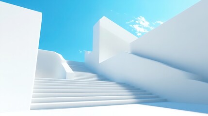 Minimalist Architecture: White Staircase Leading to Clear Blue Sky Vision