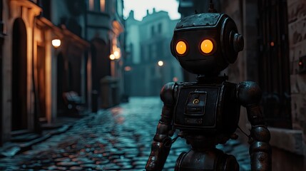 A small robot with glowing eyes stands in cobblestone alleyway of quiet medieval town at dusk. The warm glow from windows streetlights cozy yet surreal atmosphere in vintage setting. Generative AI