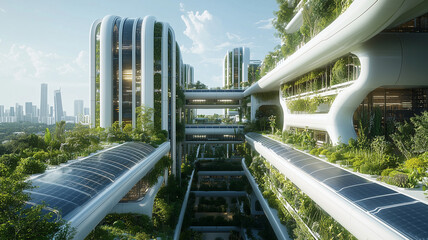 Naklejka premium Futuristic Green City With White Curving Buildings And Solar Panels 