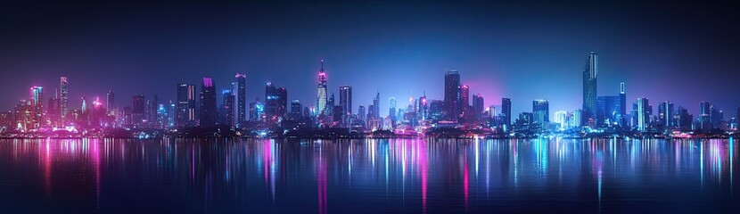 Fototapeta premium A panoramic view skyline at dusk, with towering skyscrapers and vibrant city lights