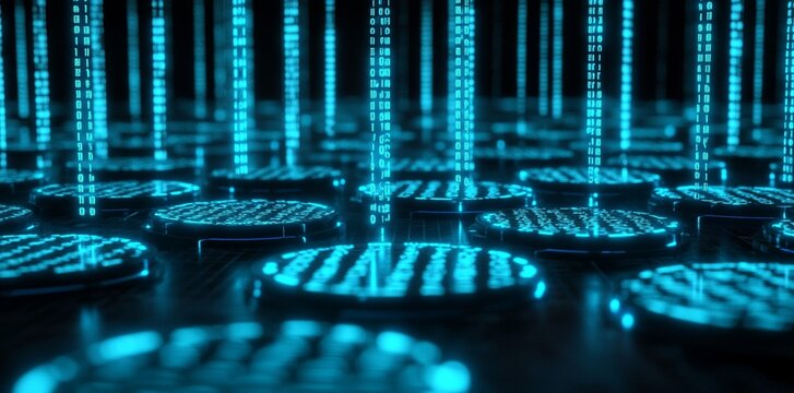 Abstract Digital Data Stream Futuristic Technology Background Blue Neon Glowing Circles Binary Code Cyber Security Network Digital Art Modern Design Graphic Element High Tech Innovation Digital       