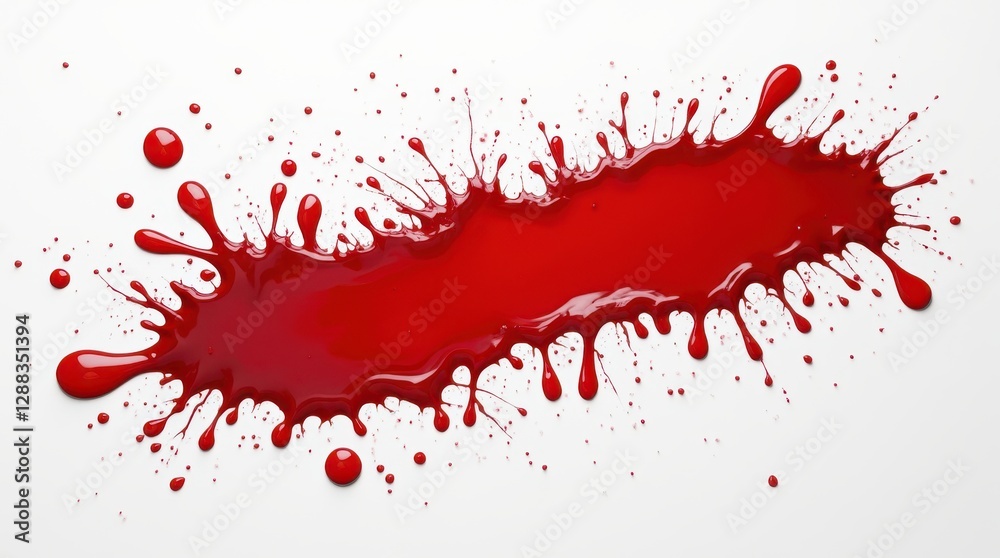 Poster blood splashes artfully arranged on a pristine white canvas, showcasing vivid red hues and dramatic 