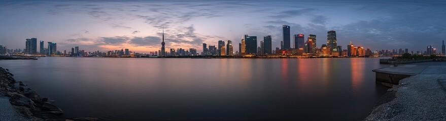 Fototapeta premium A panoramic view skyline at dusk, with towering skyscrapers and vibrant city lights