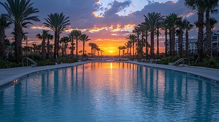 Fototapeta premium Pool at resort reflecting sunset colors, palm trees at waterfront with buildings in background for travel
