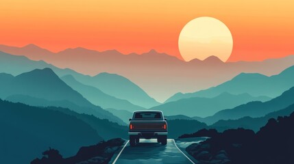 Pickup truck on a road at sunset with mountain range background.