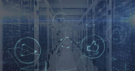 Image of network of connections with media icons over server room