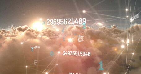 Image of network of connections and numbers over clouds