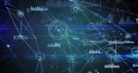 Image of network of connections with data processing on black background