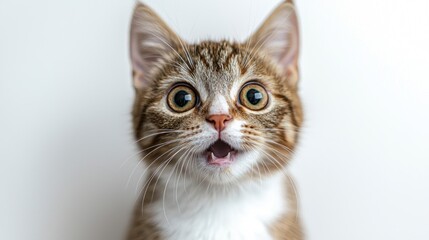 Obraz premium Tabby kitten stares wide-eyed, mouth open against a plain white background
