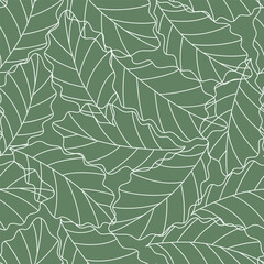 Seamless green floral background with  oak leaves. Hand drawn minimal abstract organic shapes pattern. Delicate vector green abstact pattern with grey leaves.