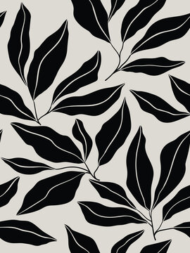 Seamless grey floral background with black leaves. Hand drawn minimal abstract organic shapes pattern. Delicate vector grey  abstact pattern with black leaves.