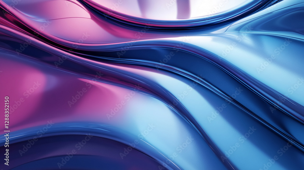 Poster abstract fluid design in shades of pink and blue with smooth curves and glossy texture, representing