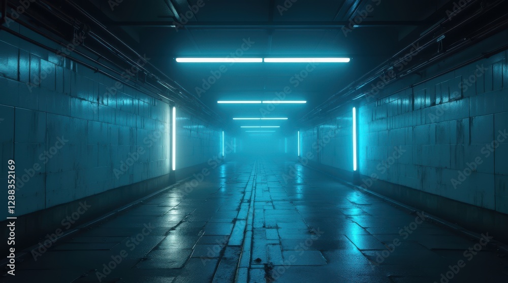 Poster mystical urban tunnel illuminated by rectangular blue lights, revealing a foggy atmosphere and refle