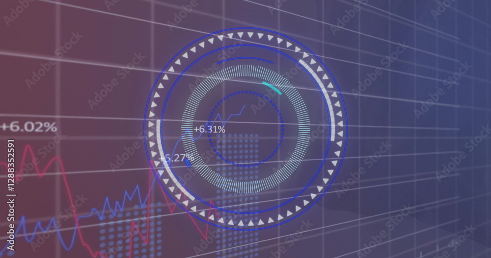 Poster image of financial data processing and scope scanning over grid background