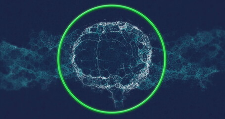 Image of human brain and dna strand in green neon circle