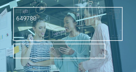 Image of financial data processing over diverse colleagues brainstorming in office