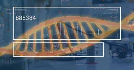 Image of dna strand and data processing over lab