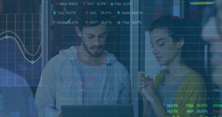 Image of financial data processing over diverse business people in office