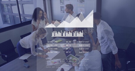 Image of financial data processing over diverse business people in office