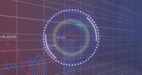 Image of financial data processing and scope scanning over grid background