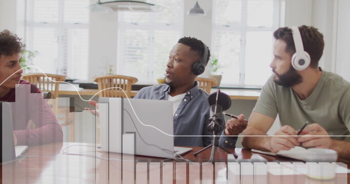 Image of financial data processing over diverse colleagues discussing work in office