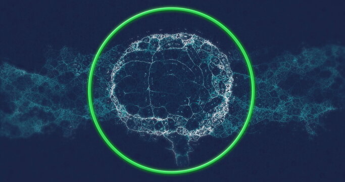 Image of human brain and dna strand in green neon circle