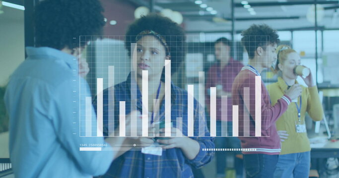 Image of financial data processing over diverse colleagues having meeting in office