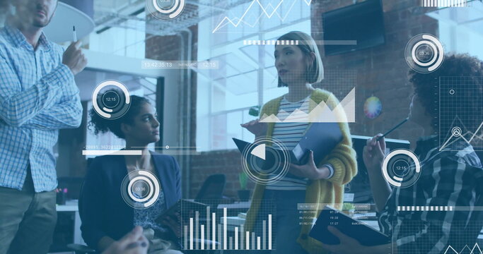 Image of financial data processing over diverse colleagues having meeting in office