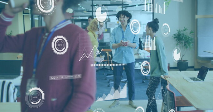 Image of financial data processing over diverse colleagues having meeting in office