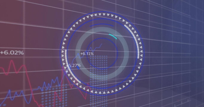 Image of financial data processing and scope scanning over grid background - Powered by Adobe