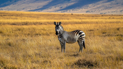 Naklejka premium A solitary zebra standing in the middle of an open grassland