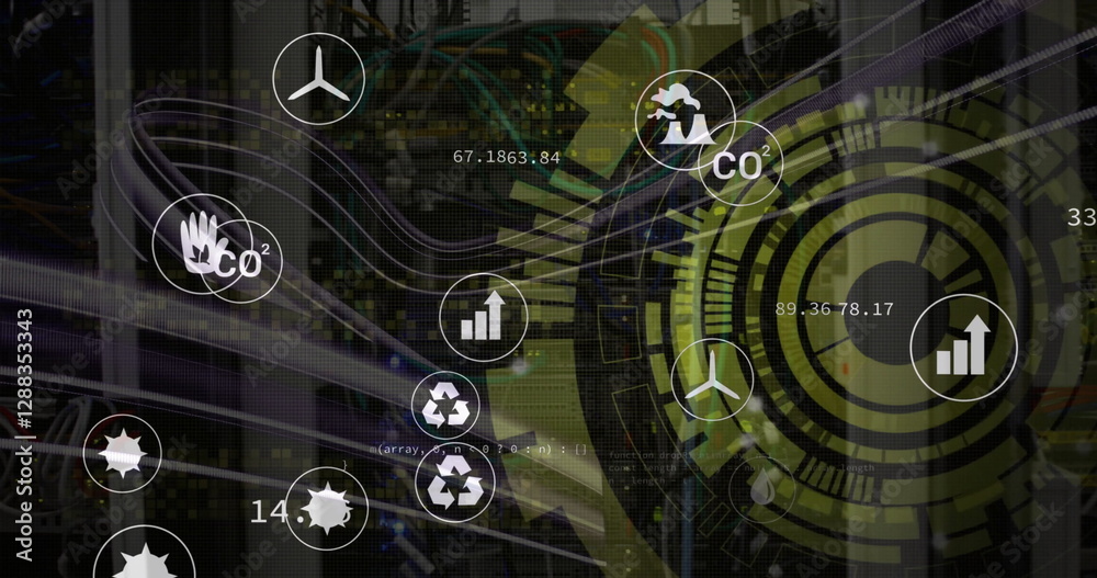 Poster image of scope, icons and data processing over computer servers