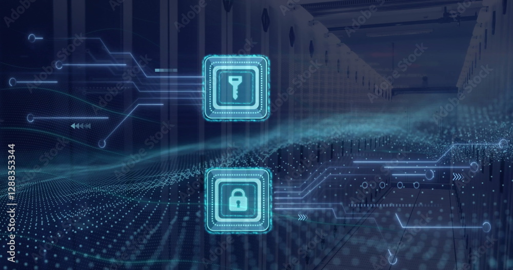 Poster image of padlock and key icons and data processing over computer servers