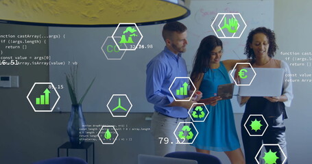 Image of eco icons and data processing over diverse business people in office