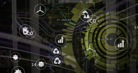 Image of scope, icons and data processing over computer servers