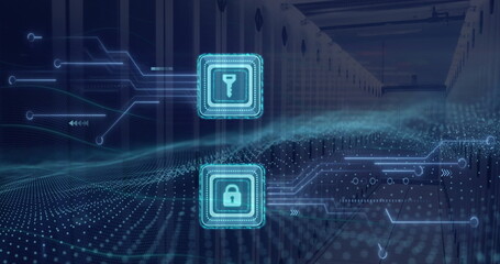 Image of padlock and key icons and data processing over computer servers