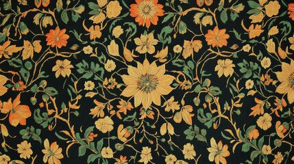 Elegant Floral Textile Pattern  Dark Background  Gold   Orange Flowers