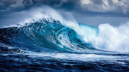 Powerful ocean wave crashing on shore; dramatic seascape; surfing location; image for showcasing waves