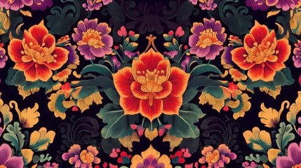 Fototapeten Vibrant Floral Textile Design  Dark Background  Painted Flowers © suphap