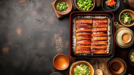 Overhead shot of grilled unagi eel served over rice in a traditional lacquer box, with room around for text or branding elements.