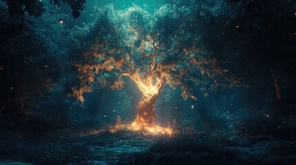 A glowing tree radiating golden light in a dense, enchanted forest. The magical illumination contrasts with the dark surroundings, creating a serene and otherworldly atmosphere. Generative AI