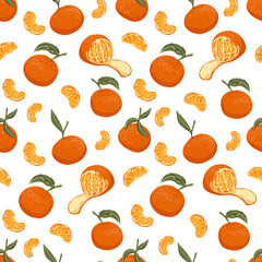 Orange tangerines vector seamless pattern. Lively fruit illustration perfect for creating vibrant designs. Ideal for wrapping paper, packaging, textile, wallpaper, interior decor