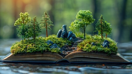 An open book with a miniature lush landscape of trees, grass, and rocks emerging from its pages against a blue sky background, symbolizing imagination and nature.