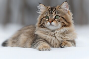 Tabby cat lounges in snowy outdoor scene, bokeh background and curious expression